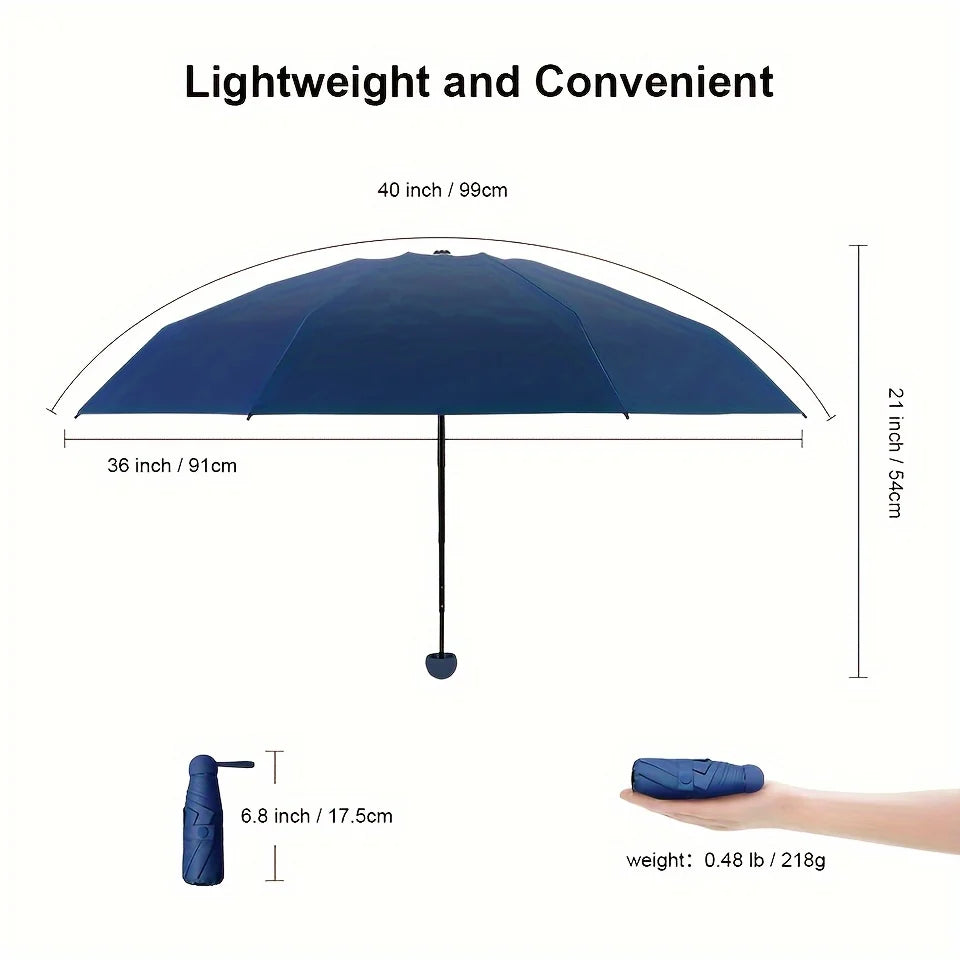 A dark blue folding umbrella shown with its dimensions and weight.