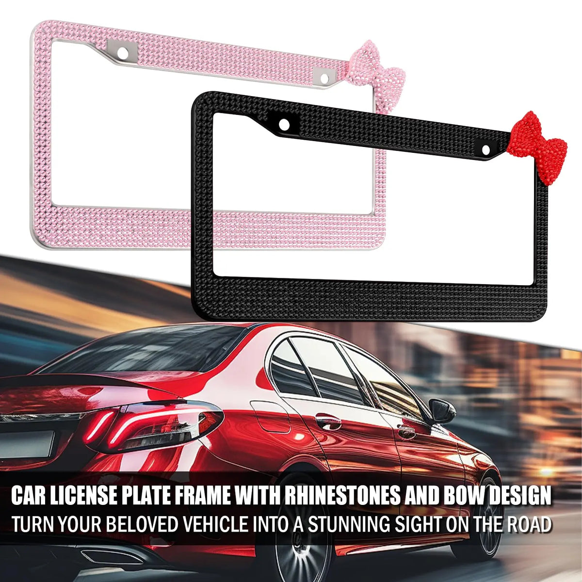 Black and pink rhinestone license plate frame with a bow design displayed over a red car.