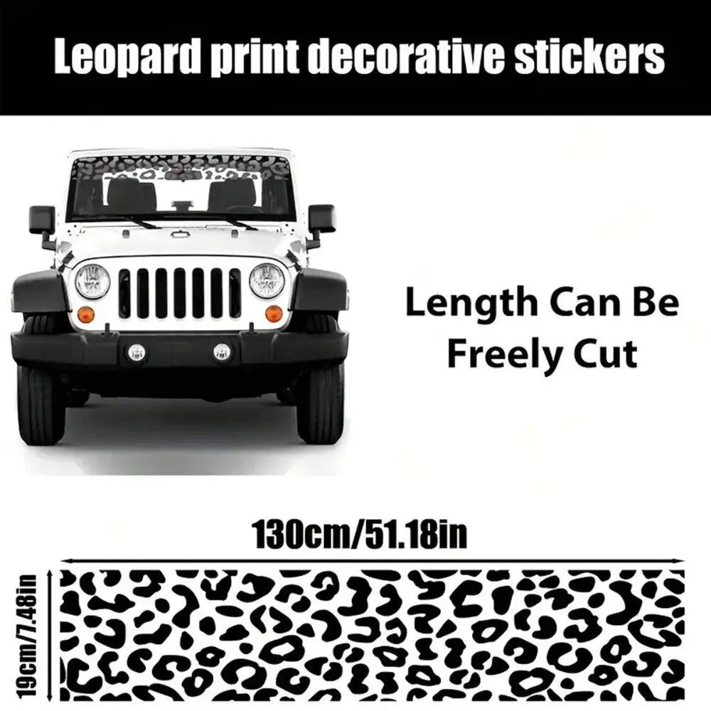 Leopard print decorative stickers shown on a white Jeep front grille and a rectangular strip.