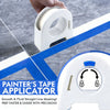 A white painter's tape applicator tool is shown applying blue masking tape to a surface.