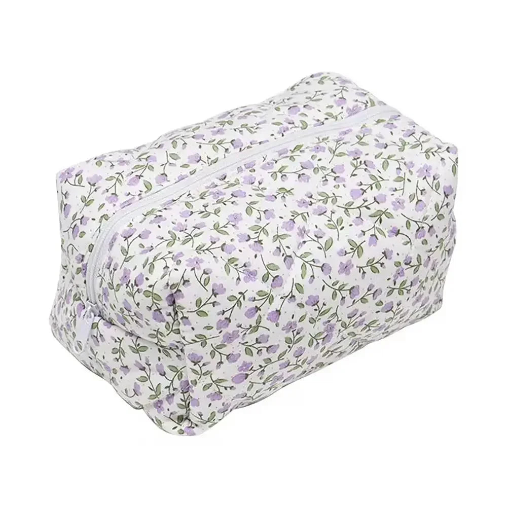 Quilted Floral Makeup Bag with Zipper Closure