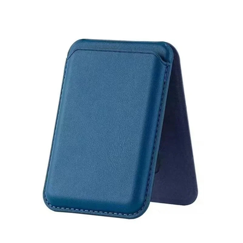 A dark blue magnetic leather wallet case with a kickstand for an iPhone.