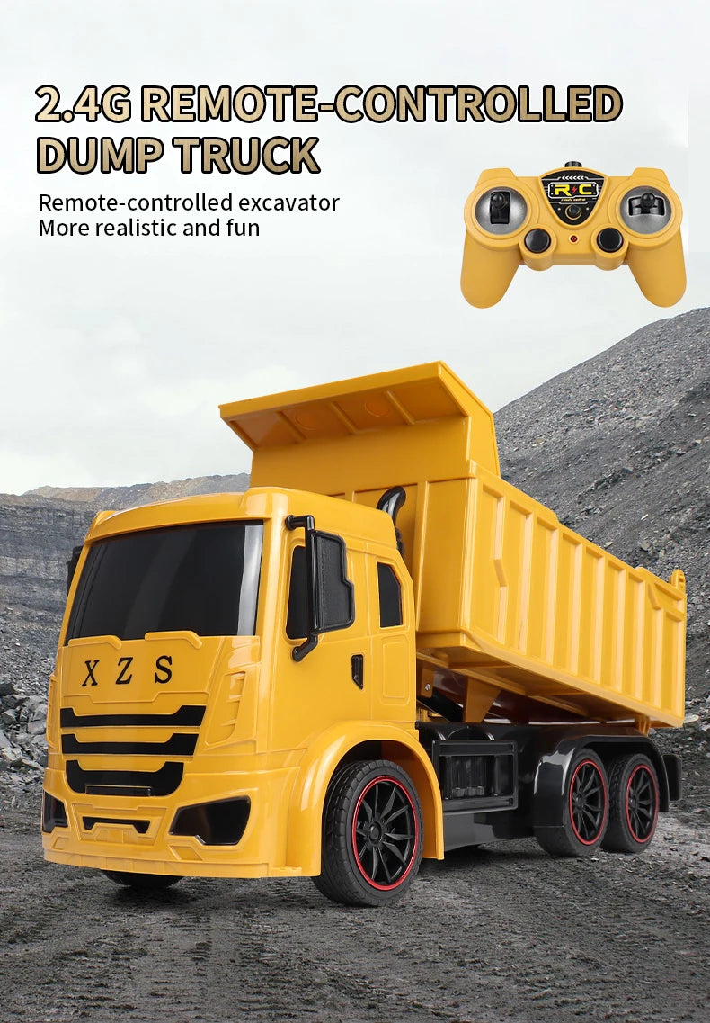 A yellow dump truck is shown with a remote control controller in the foreground against a rocky background.