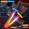 A pair of twin swords with blazing orange and blue lights and spark effects against a dark background.