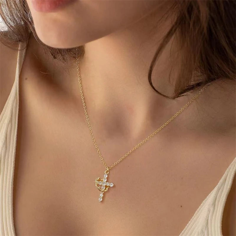 Rotating Cross Pendant Necklace with Rhinestone Detail