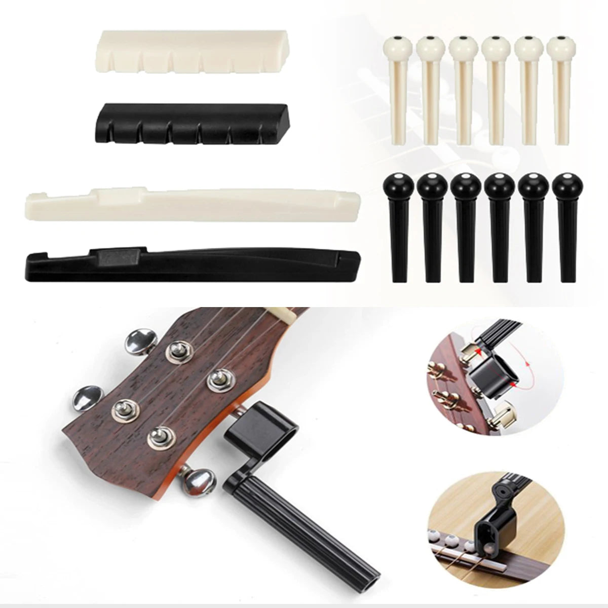 A set of guitar accessories including strings, a capo, picks, and other components shown in various forms.