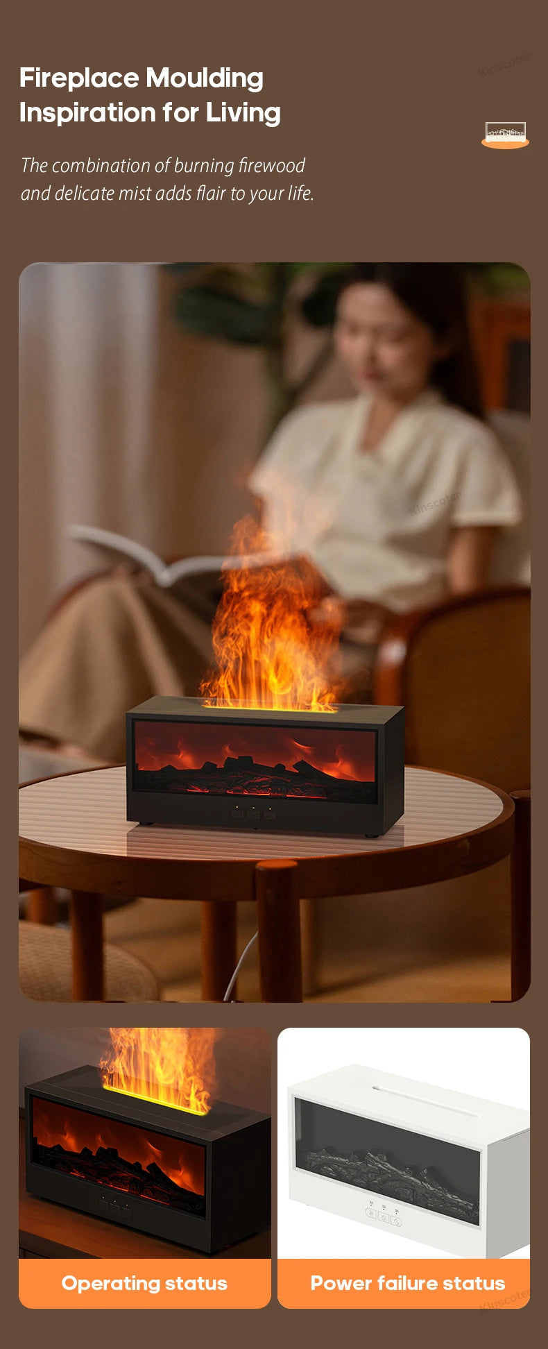 A black fireplace molding device is shown emitting bright orange flames on a wooden table.