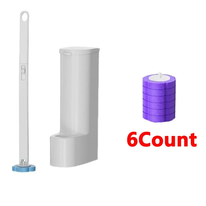 A white disposable toilet brush and holder set with a purple 6 count replaceable head.