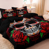 Black duvet cover featuring a large sugar skull design with red roses and floral accents.