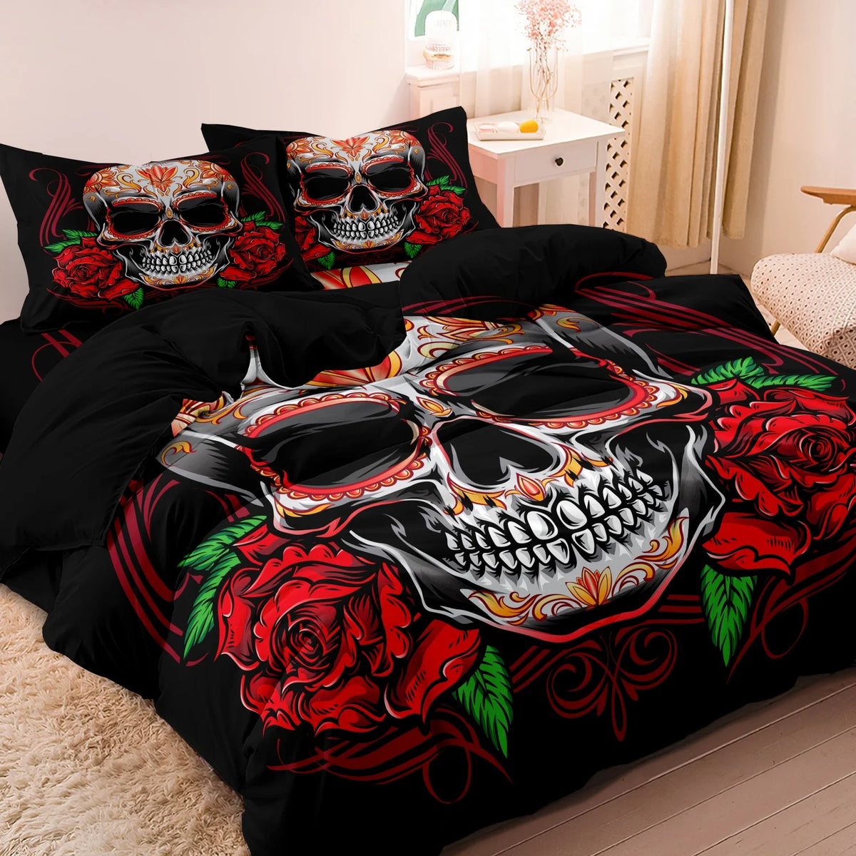 Black duvet cover featuring a large sugar skull design with red roses and floral accents.