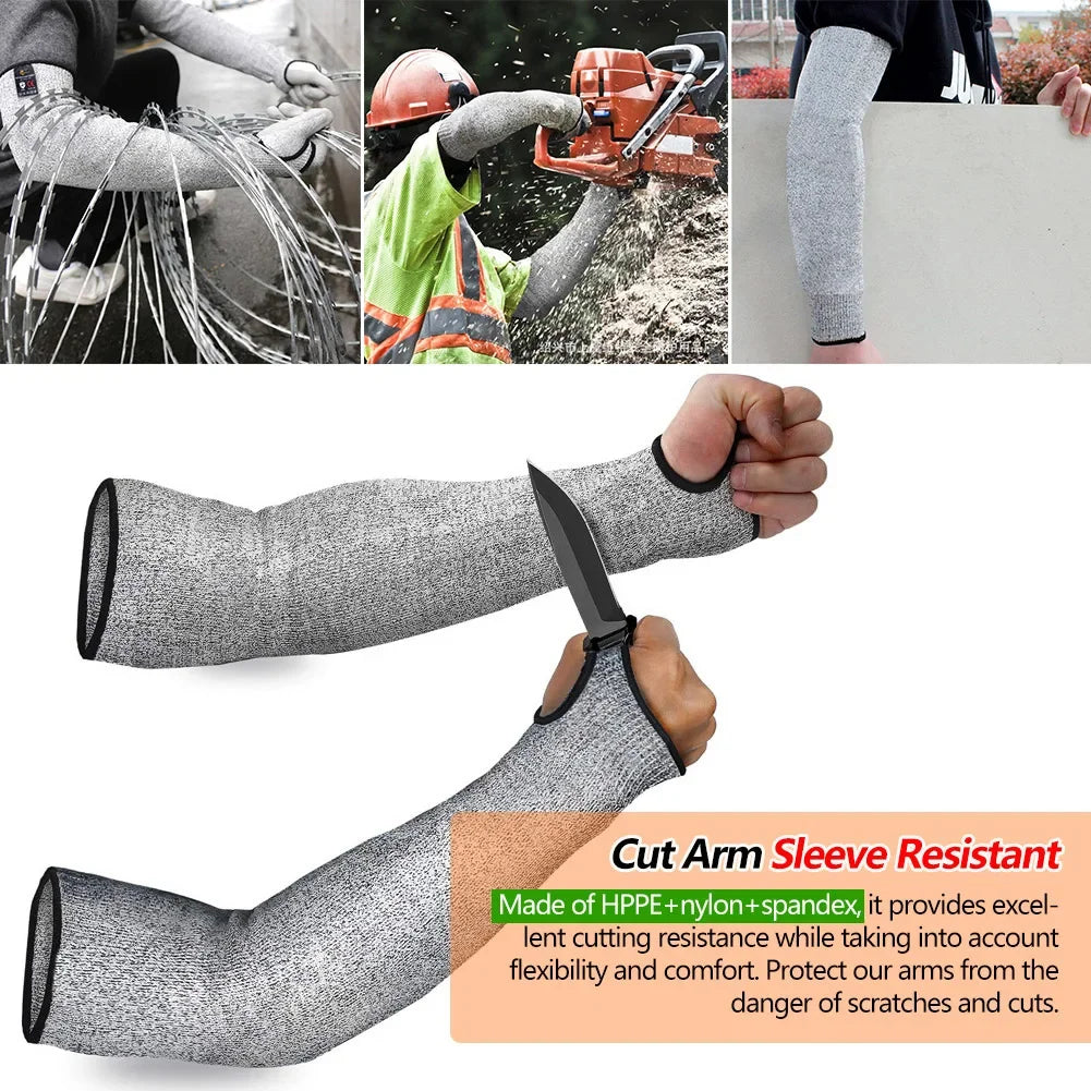 Gray cut resistant arm sleeves shown on an arm, demonstrating flexibility and comfort for industrial safety.