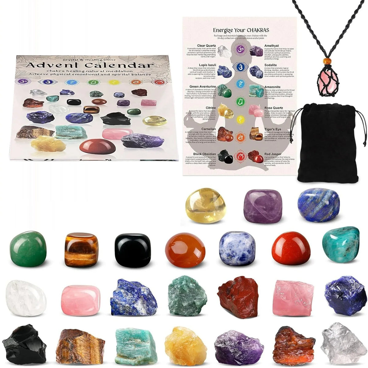 24-Day Crystal Advent Calendar – Natural Chakra Gemstones for Mindfulness & Holiday Countdown