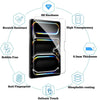 A product diagram illustrating the features of a tempered glass screen protector, including 9H hardness, scratch resistance, 
