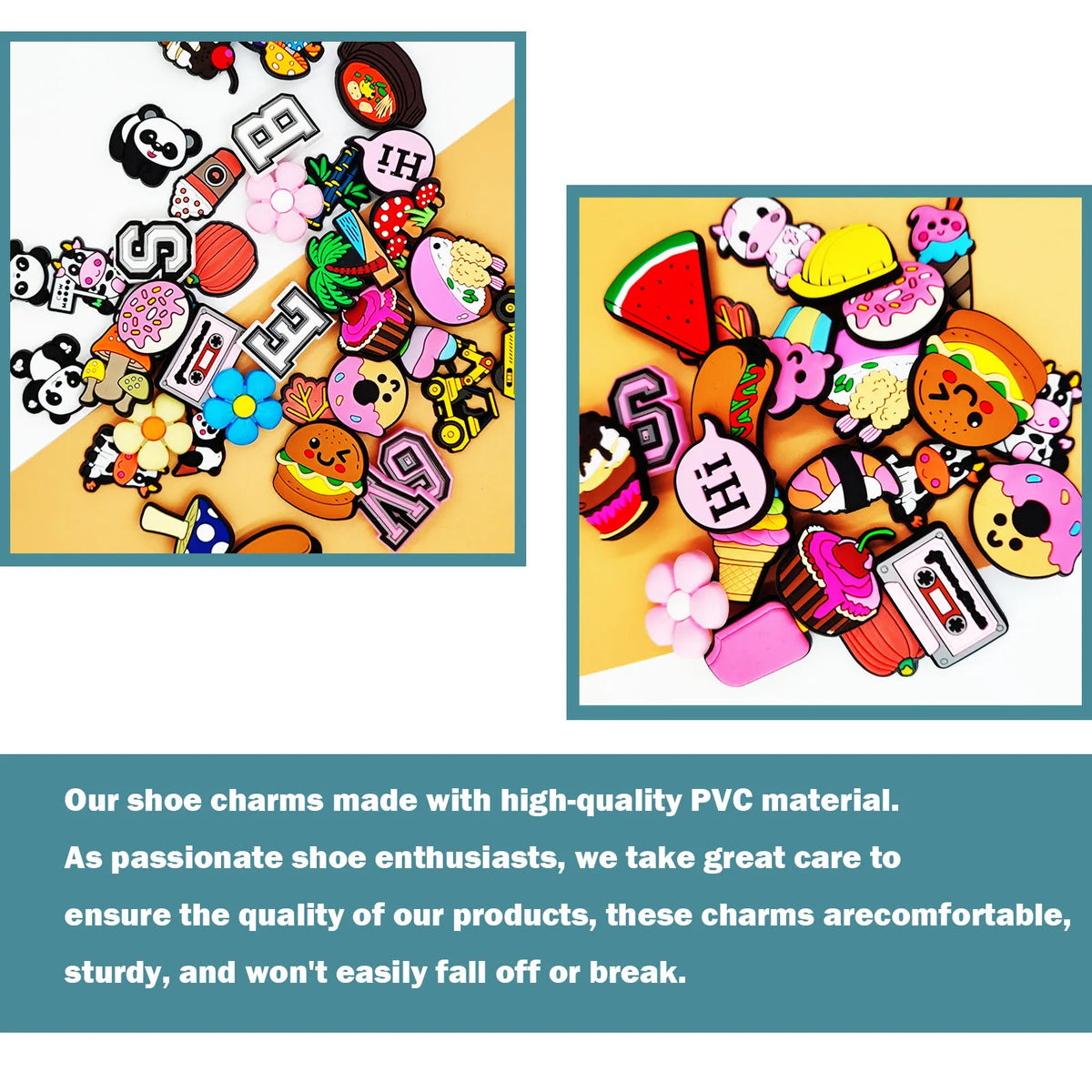 A colorful assortment of fun PVC shoe charms for sandals and beach bags.