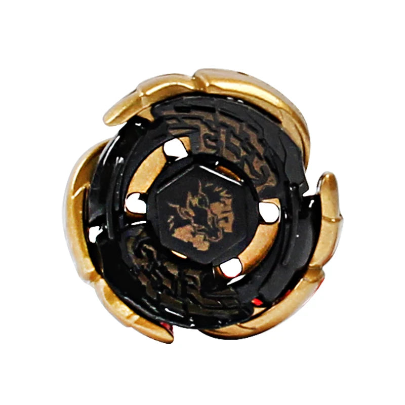A black and gold alloy battle spinning top with intricate patterns.