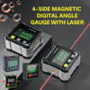 A digital angle gauge with a magnetic base and laser, showing various angles and measurements.