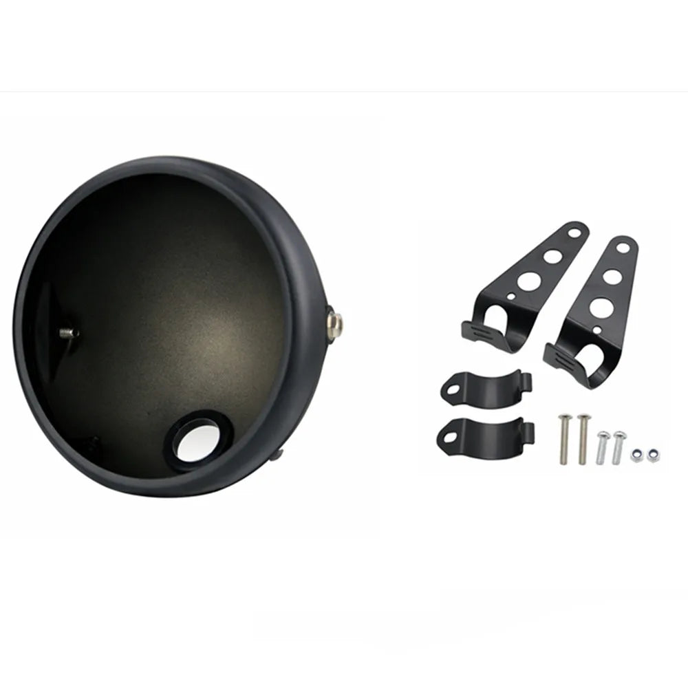 Black 7-inch motorcycle LED headlight with angel eyes and DRL, shown with mounting hardware.