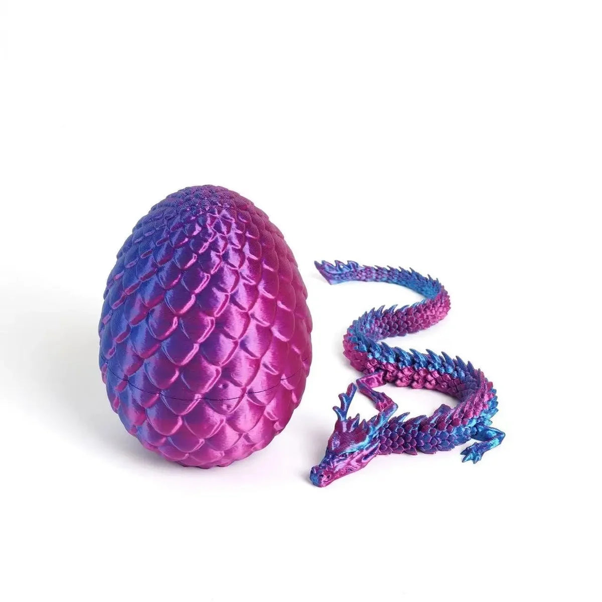 A purple dragon egg and a matching purple dragon figurine are displayed on a white background.