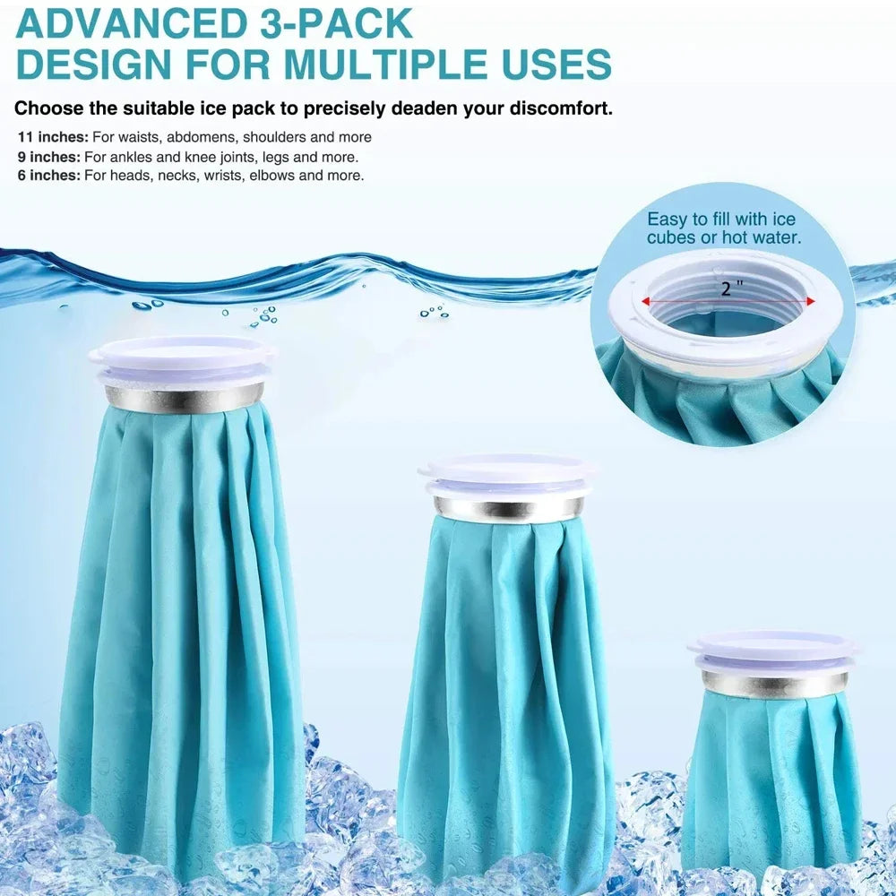 Three reusable blue ice packs wrapped in a secure fabric for hot and cold therapy