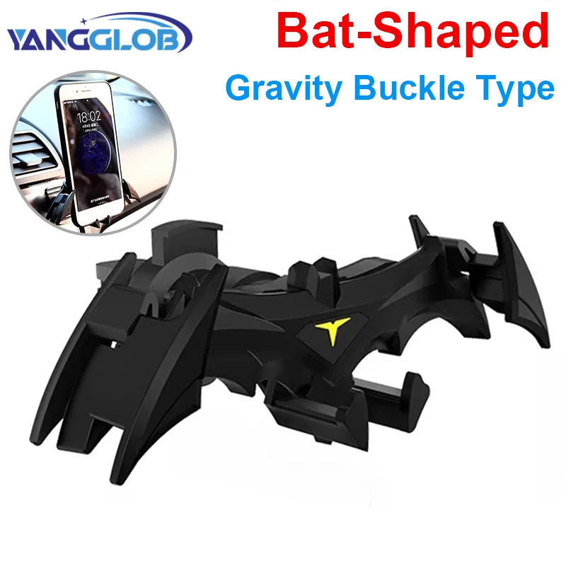 Black bat-shaped gravity buckle type phone holder designed for car vents.