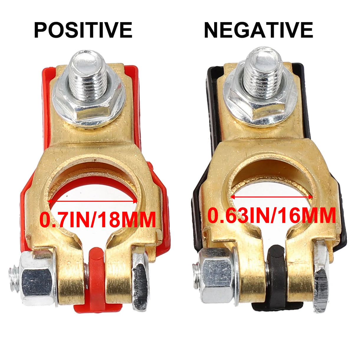 A comparison of positive and negative quick-release copper car battery terminals, showing their sizes in inches and millimete