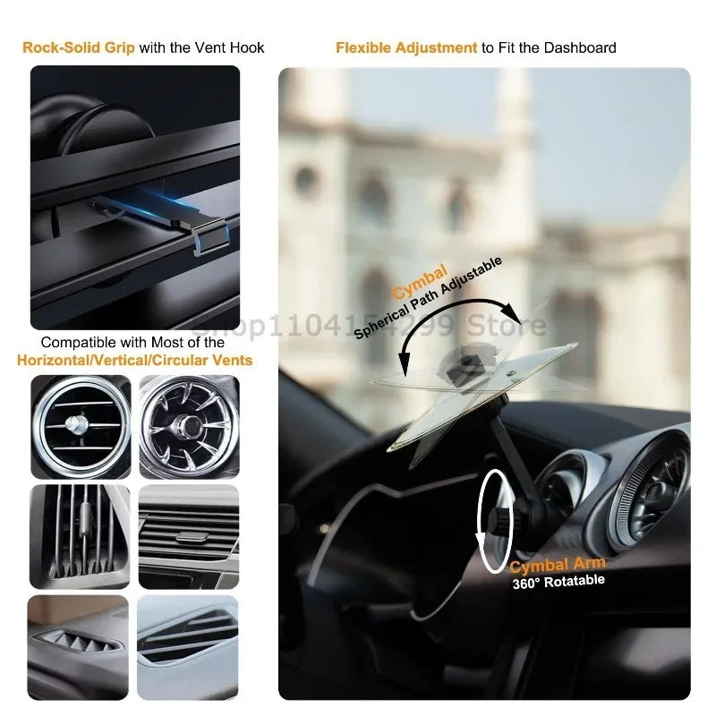 A mini drum and cymbal vent decoration with a rock-solid grip and flexible adjustment for car dashboards.