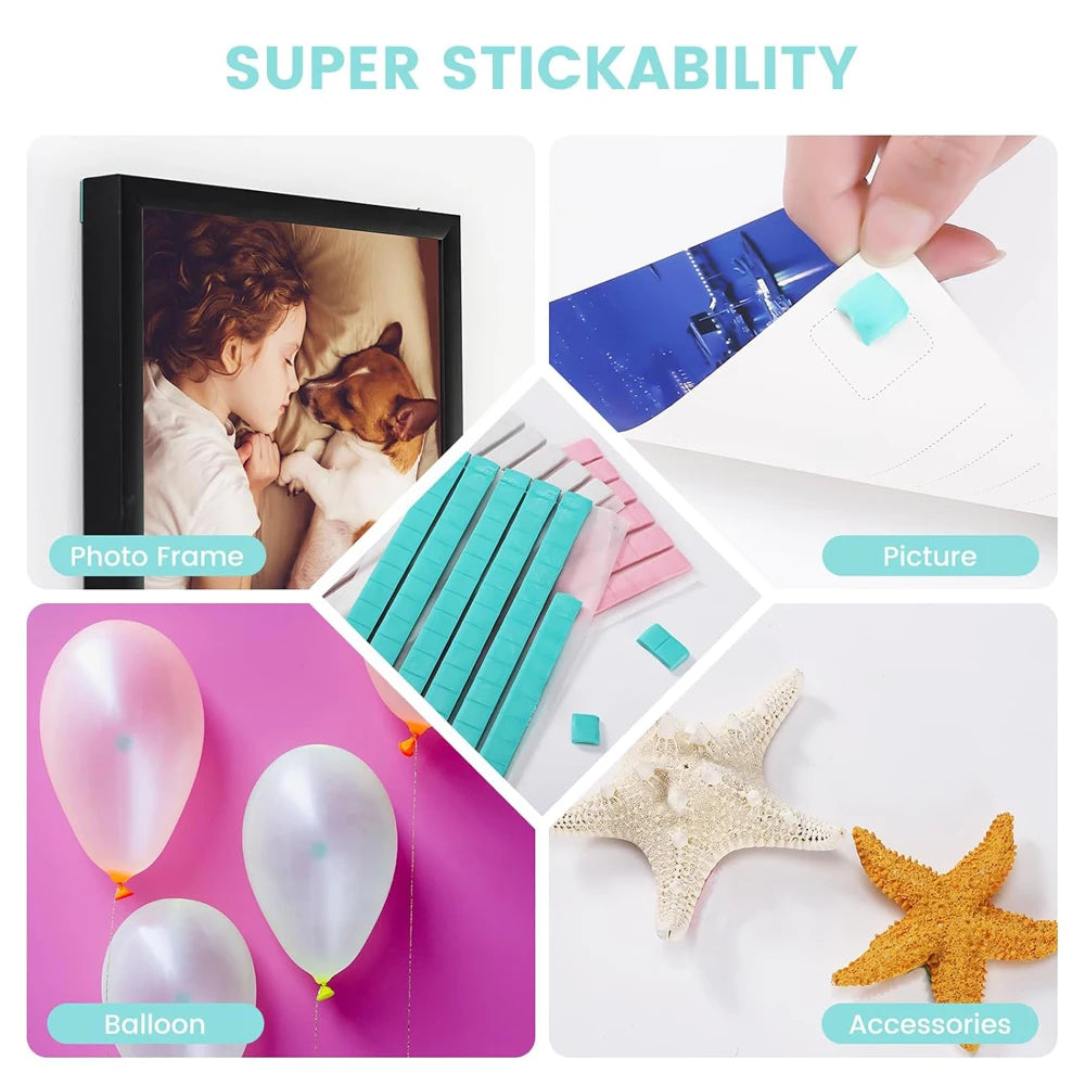 A collection of reusable nail glue clay and accessories including a photo frame, picture, balloon, and starfish.