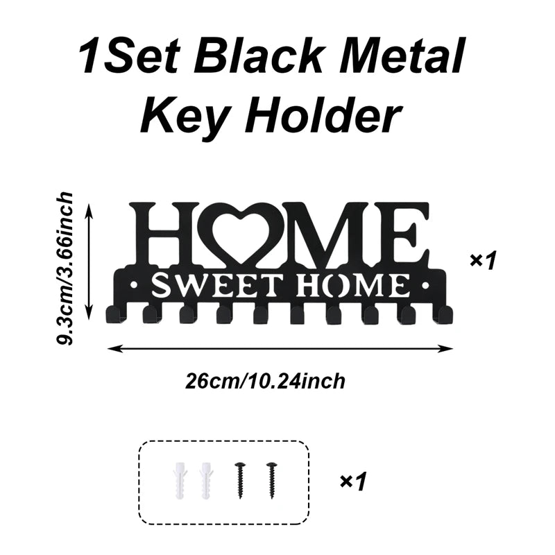Black Metal Wall-Mounted Key Holder with 10 Hooks