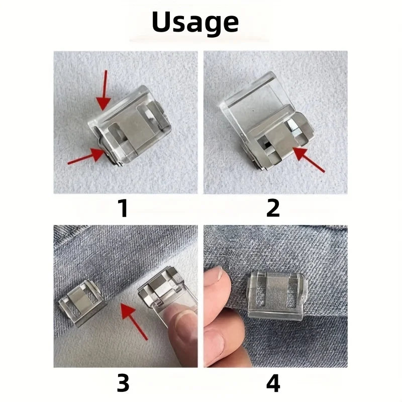 Four images showing the usage of invisible pant hem clips for keeping trousers off the floor.