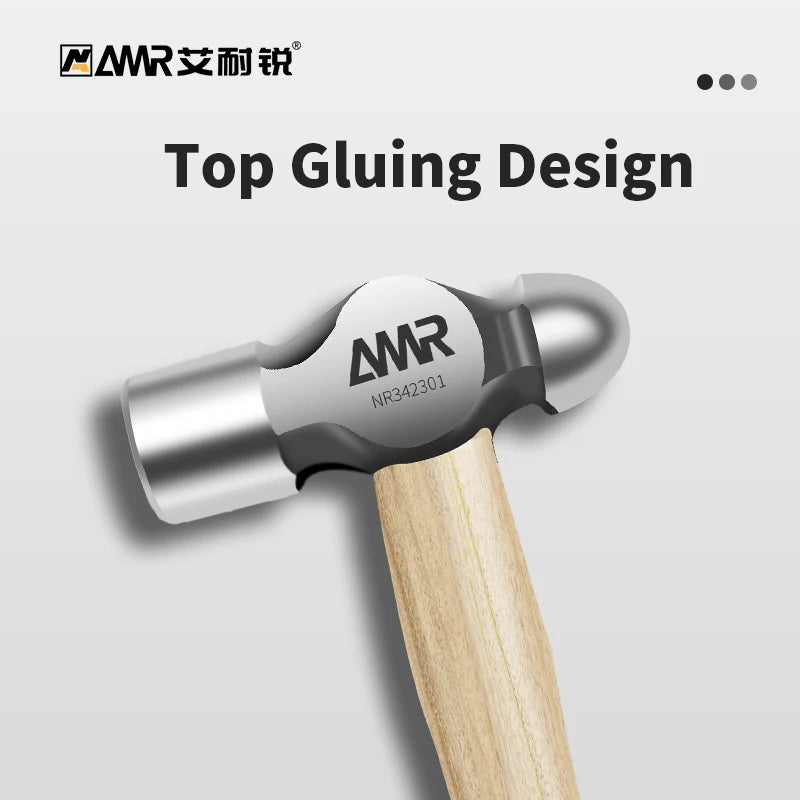 A ball peen hammer featuring a walnut wood handle and a high-carbon steel head with an AMR logo.