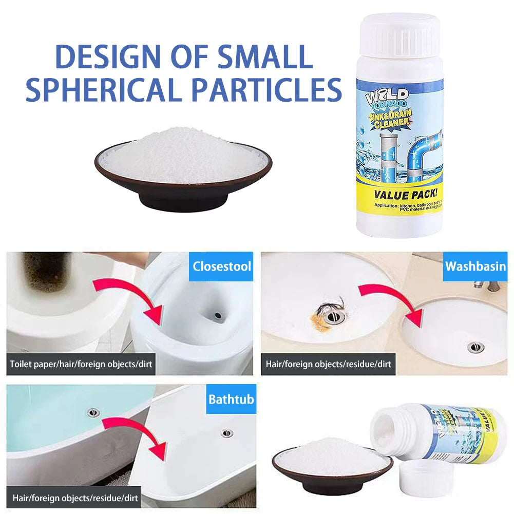 Bottle of Weld Drain Cleaner and a bowl of small spherical particles for kitchen and bathroom cleaning