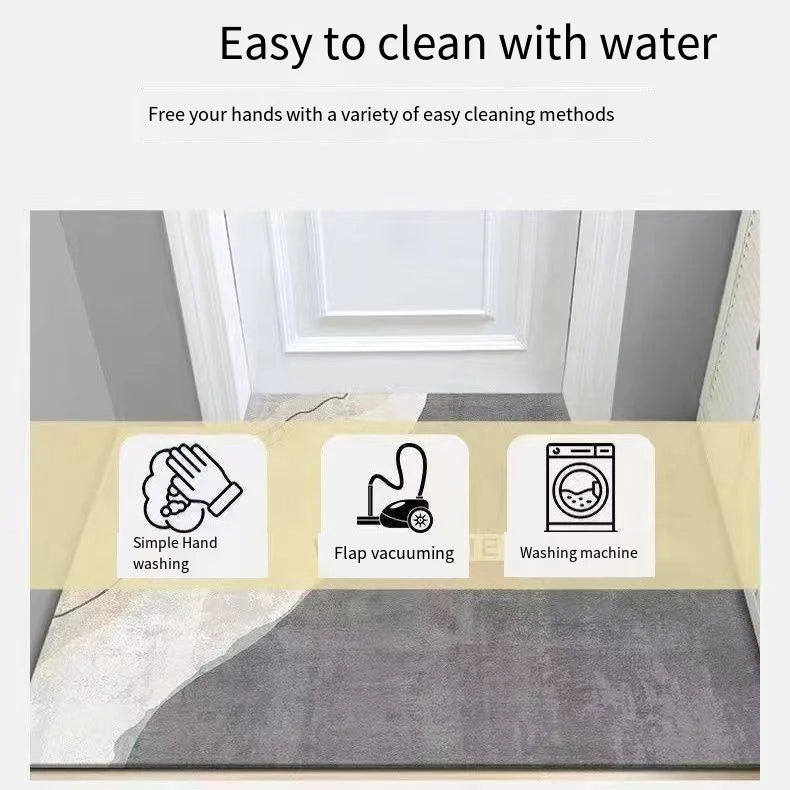 A minimalist geometric non-slip absorbent rug placed on a gray floor with cleaning methods illustrated.