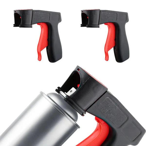 Two black and red reusable spray can trigger handles shown separately, with one handle attached to a silver spray can.
