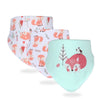 A set of three soft cotton baby bibs featuring cartoon fox prints in pink and white.