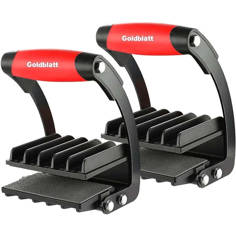 A black panel carrier tool with red grips and a slotted plate for plywood and drywall.