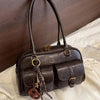 Women's Retro PU Leather Shoulder Bag with Multiple Pockets & Detachable Charm