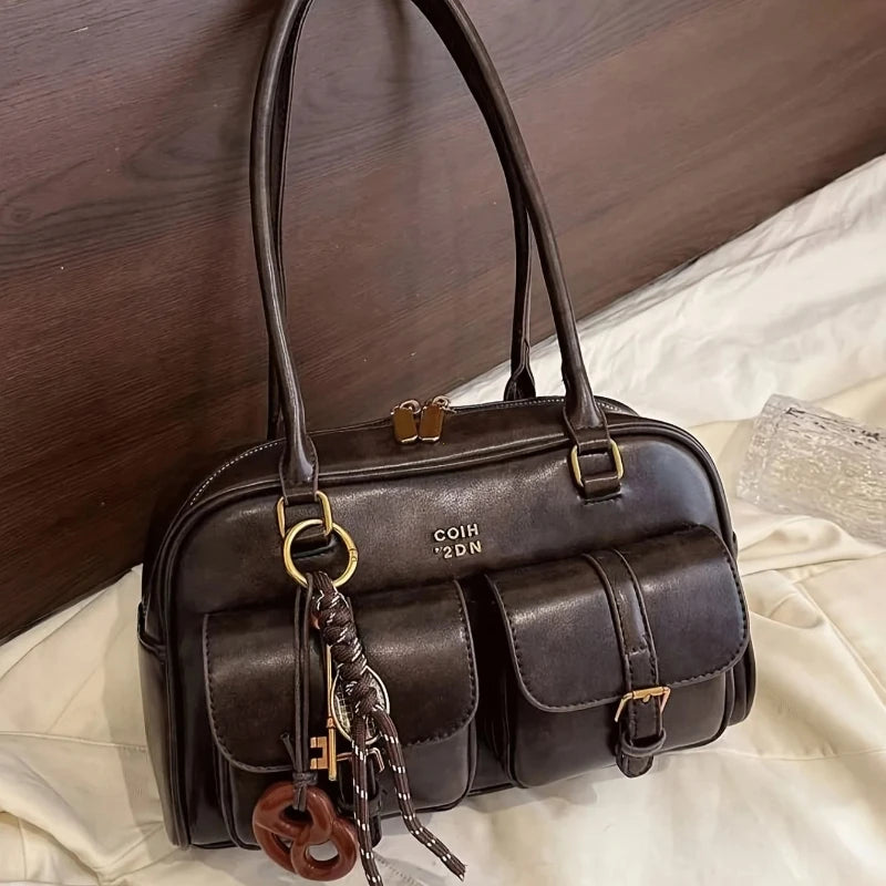 Women's Retro PU Leather Shoulder Bag with Multiple Pockets & Detachable Charm