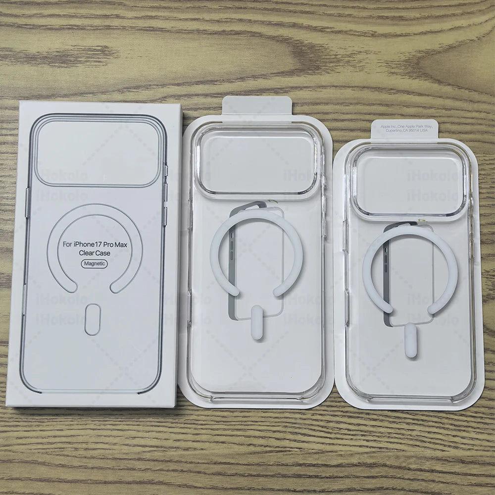 Clear magnetic case for iPhone with MagSafe compatibility shown in packaging and product form.