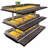 A multi-tiered 1:64 scale miniature garage diorama kit with lighting featuring dark gray and yellow track elements.