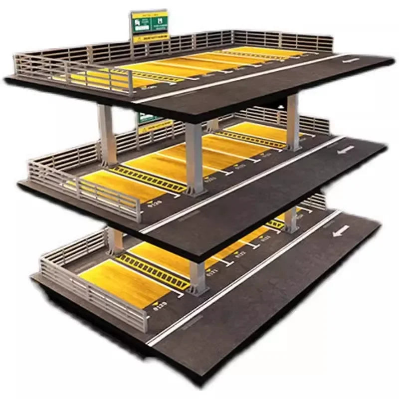 A multi-tiered 1:64 scale miniature garage diorama kit with lighting featuring dark gray and yellow track elements.