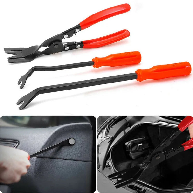 A set of 38 car trim removal tools in black and orange, shown with close-ups of their use on a car interior.