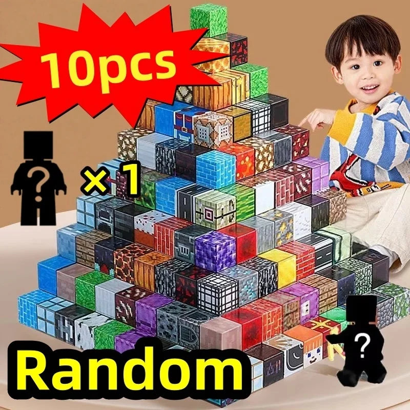 A child is smiling while holding a tower of colorful magnetic building blocks, with a box showing 10 pieces and the word Rand