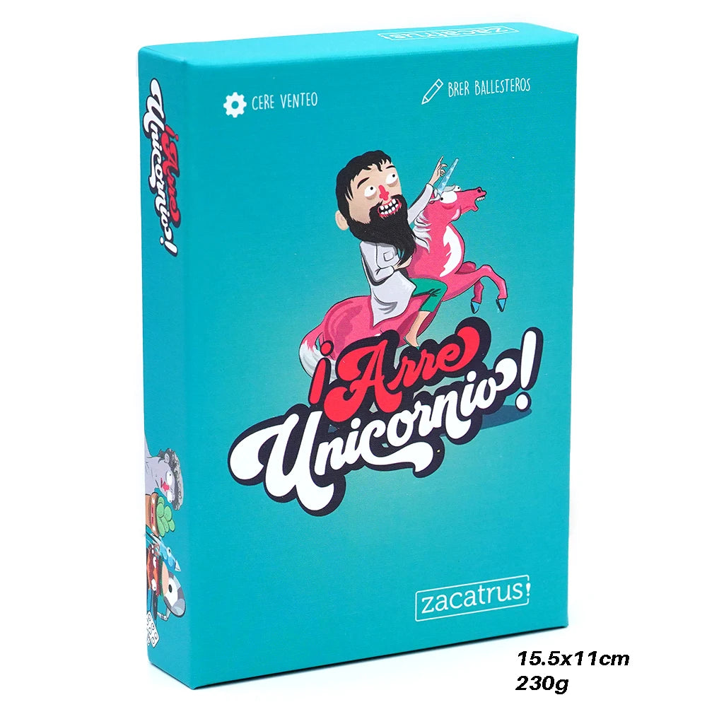 A box for the I Are Unicornio card game featuring a man and a horse on a teal background.