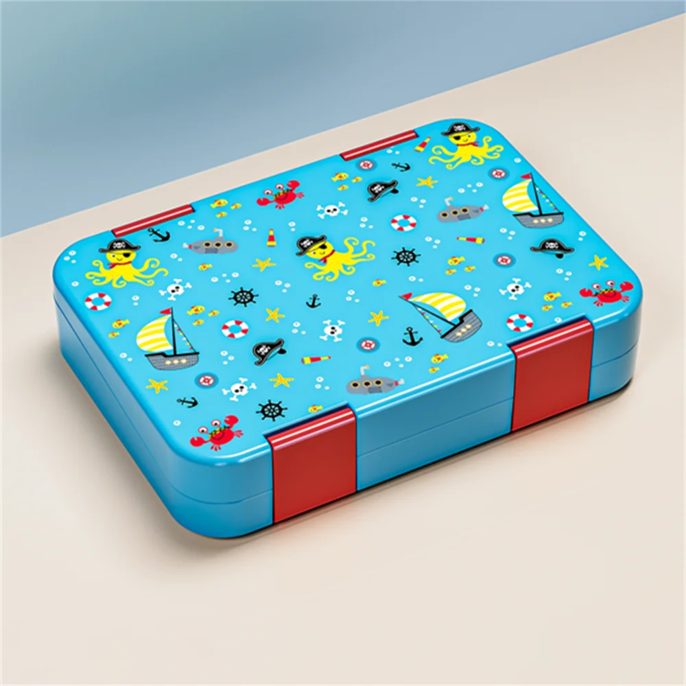 A bright blue portable kids lunch box filled with various sea and nautical themed toys and accessories.