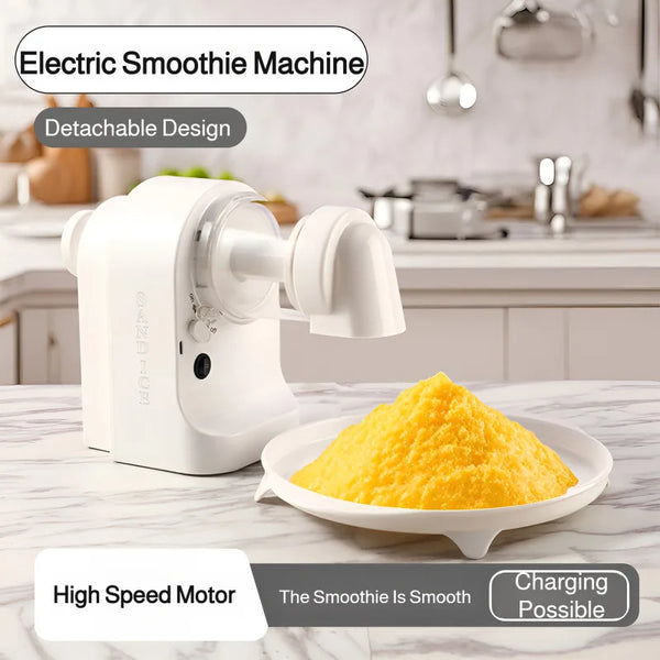 Weiße elektrische Smoothie-Maschine mit abnehmbarem Design auf Marmor-Arbeitsplatte.