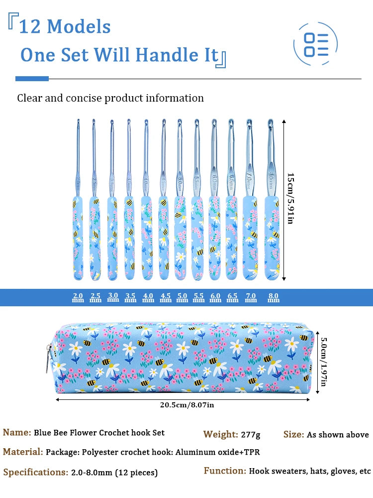 A set of blue bee-themed crochet hooks ranging from 2.0 to 10.0 mm, packaged in a blue fabric case.