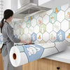 A person is applying a roll of self-adhesive kitchen splashback sticker wallpaper featuring cute white rabbits and floral des