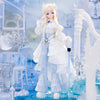 A white and light blue blind box doll in a flowing dress stands in an icy, ornate setting.