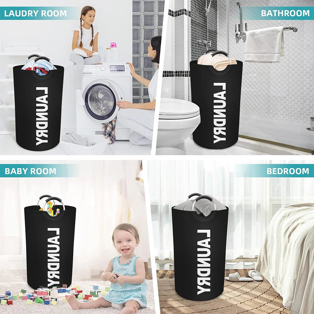 Black collapsible laundry baskets used for organizing clothes in a bathroom and baby room.