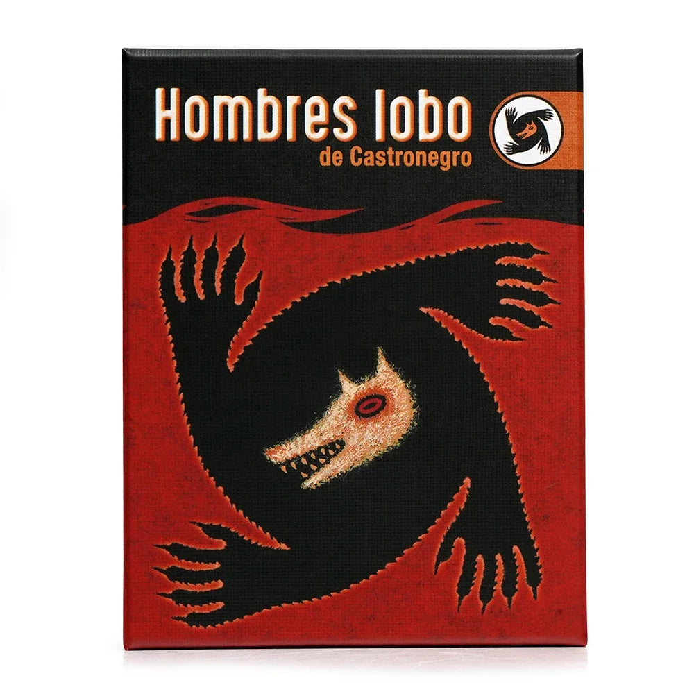 A box for the Hombre Lobo card game featuring a stylized black werewolf silhouette on a red background.